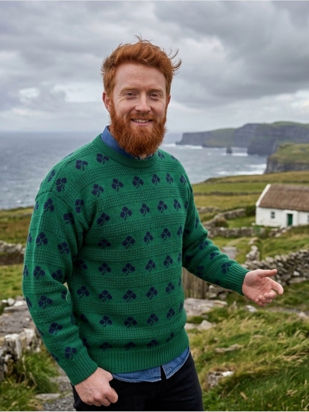 Men's Green Crewneck Sweater vintage Irish shamrock
